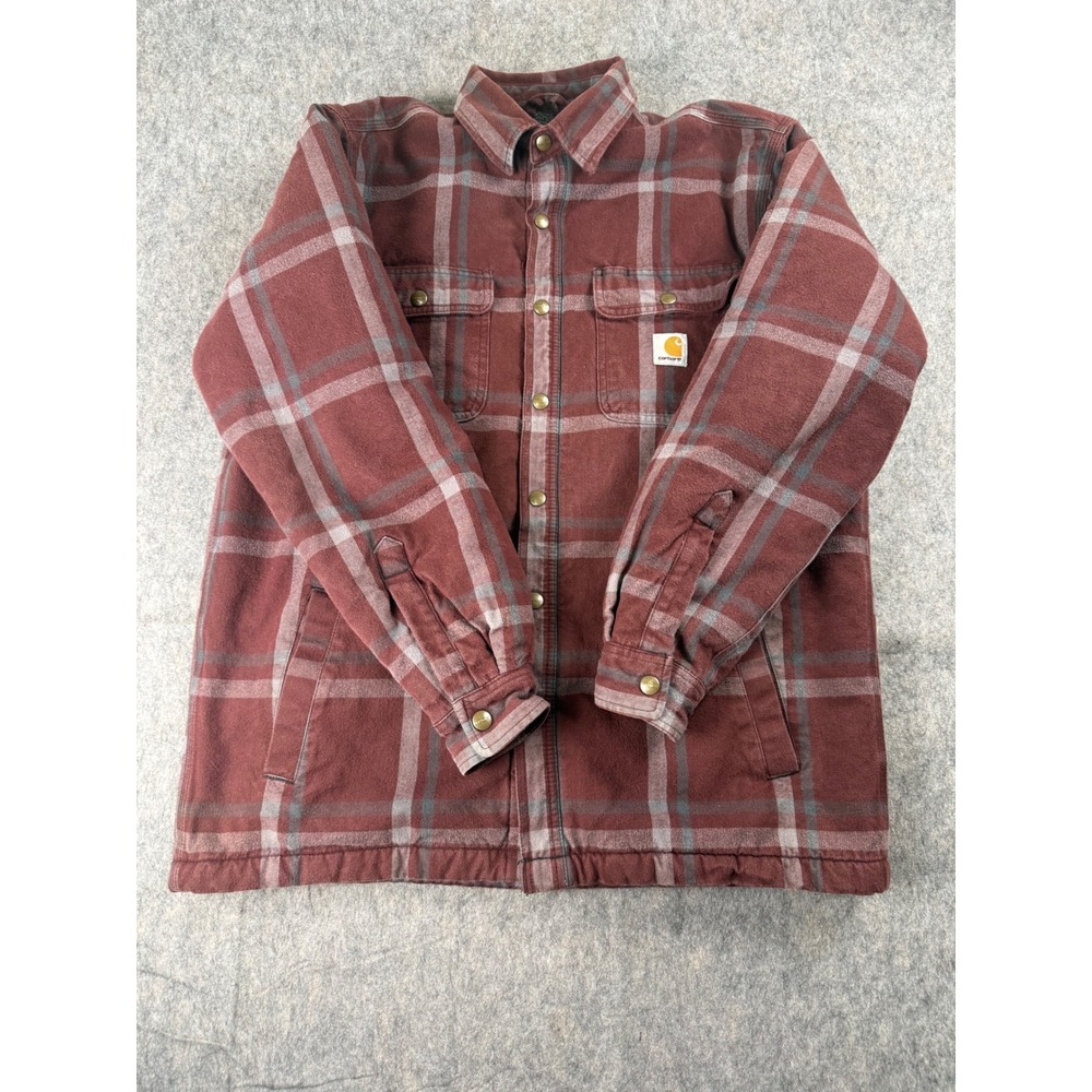 Carhartt Mens Hubbard Sherpa Lined Flannel Shirt Jacket Maroon Plaid Large L